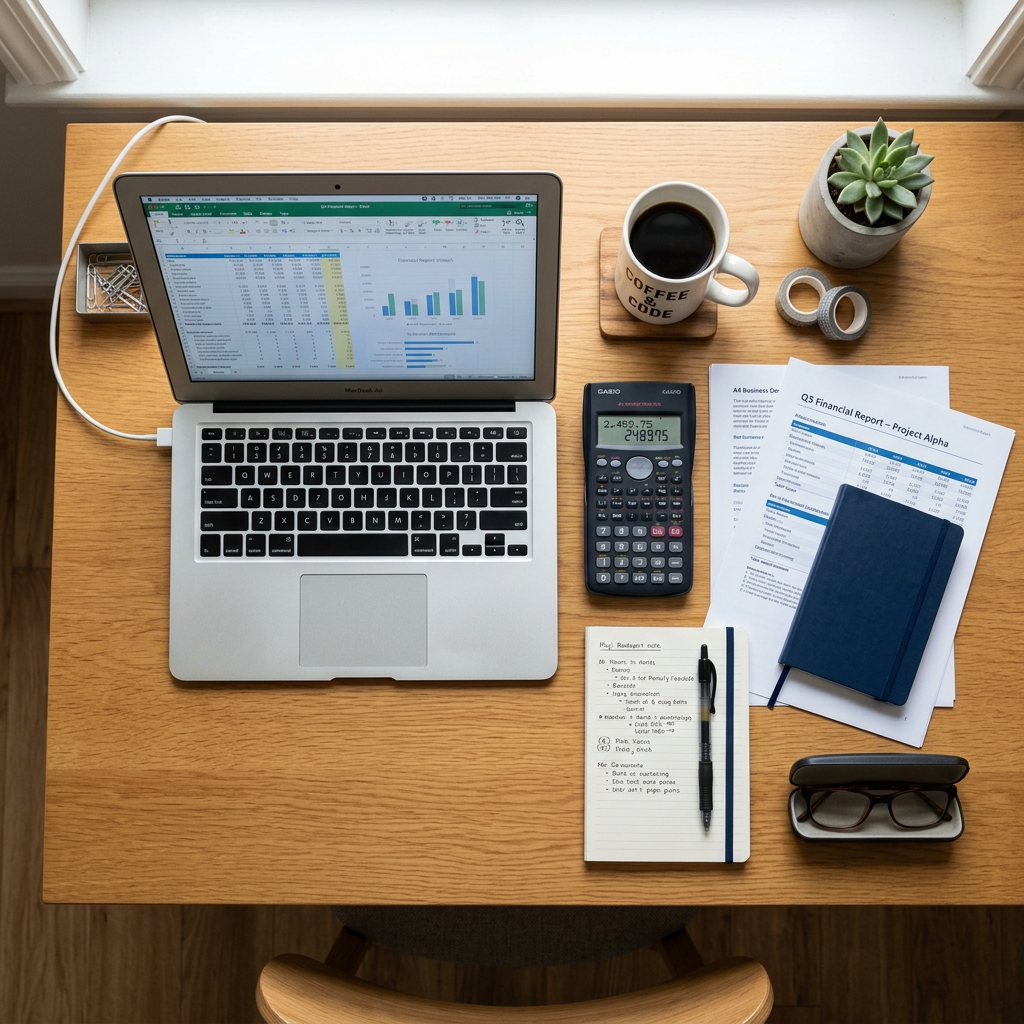 Laptop displaying spreadsheet, calculator, coffee mug, financial papers, notebook, and glasses on wooden desk